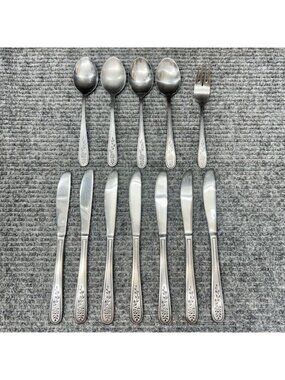 Rogers Co Knives Spoons Fork Knife Floral Mist Stainless Lot Of 12 Silverware